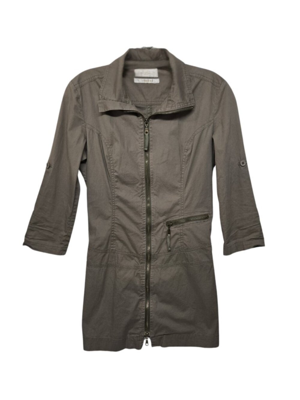 Costa Blanca Shirt Dress Zip Front Roll Tab Sleeve Utility Fitted Stretch